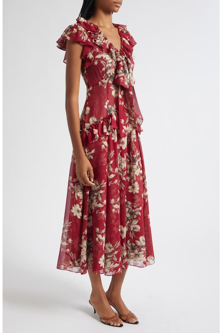 Sevi Hand-Sketched Floral Midi Dress, Alternate, color, BERRYWINE/ GARDENIA