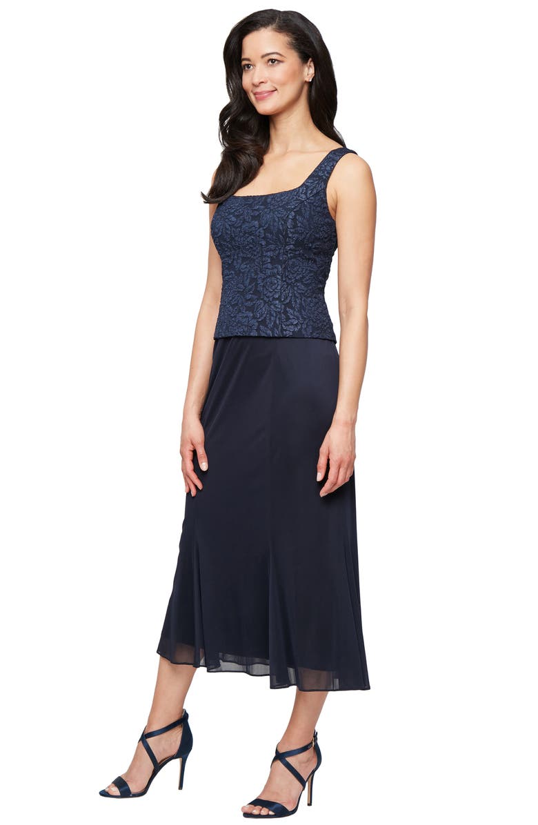 Alex Evenings Jacquard Cocktail Dress with Jacket, Alternate, color, Navy