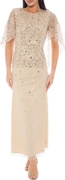 Oleg Cassini Sequin Flutter Sleeve Gown