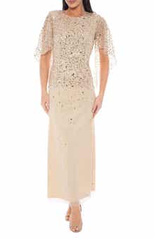 Oleg Cassini Sequin Flutter Sleeve Gown