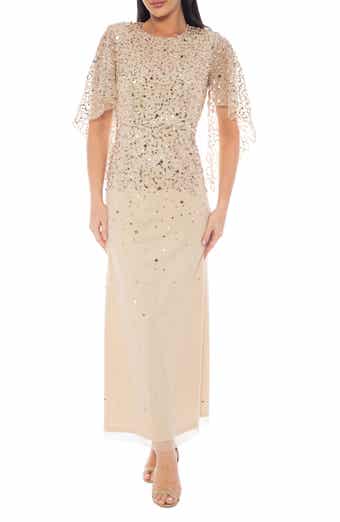 Oleg Cassini Sequin Flutter Sleeve Gown
