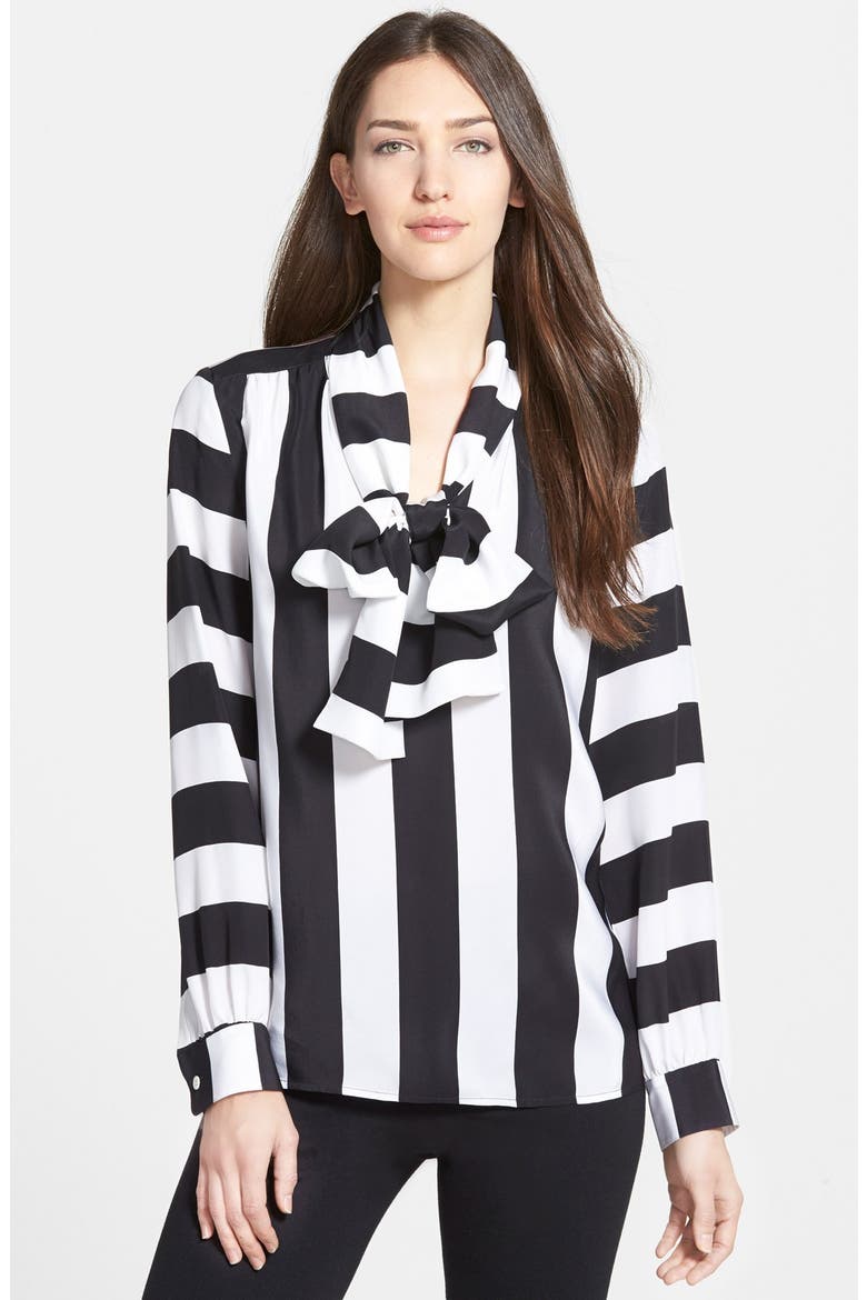 Wide Stripe Tie Neck Silk Blouse, Main, color, BLACK/ WHITE