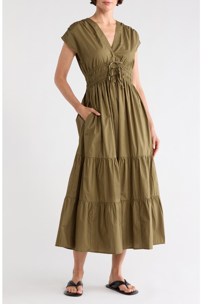 V-Neck Cotton Midi Dress, Main, color, OLIVE GREEN