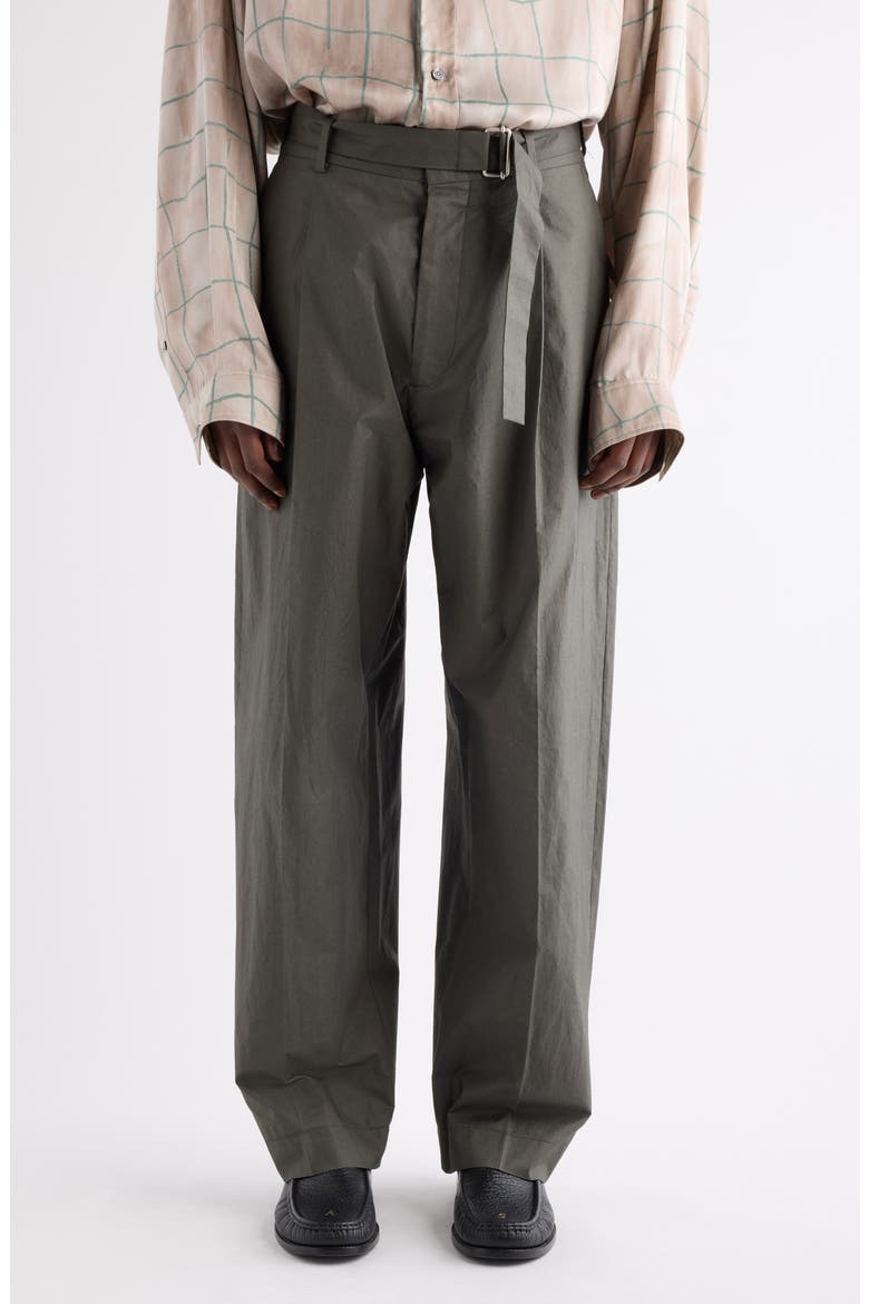Pasoro Cinz Belted Washed Cotton Poplin Pants, Main, color, DARK GREEN