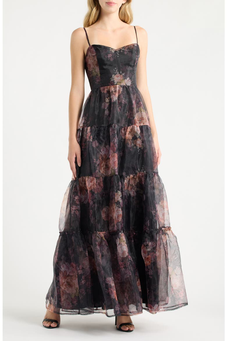 Calissa Tiered Organza Maxi Dress, Main, color, BLACK FLORAL