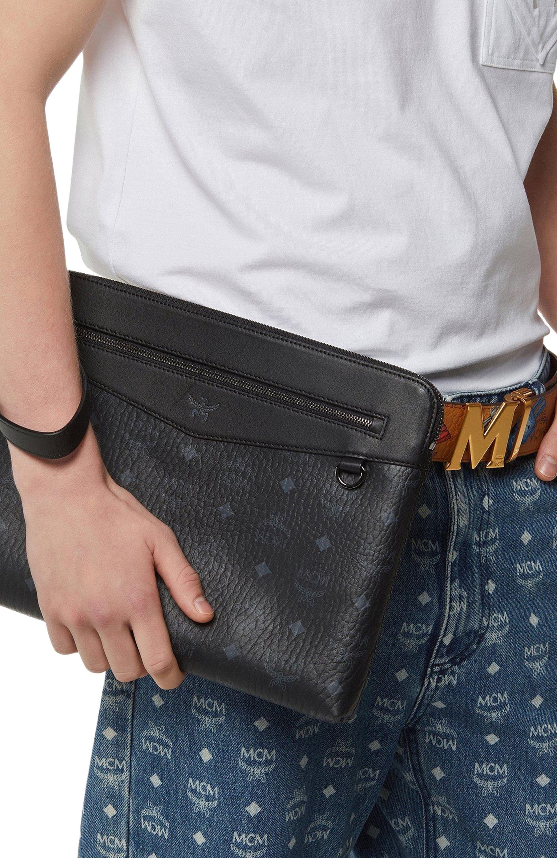 MCM Diamond Wristlet Pouch in Visetos, Alternate, color, Black