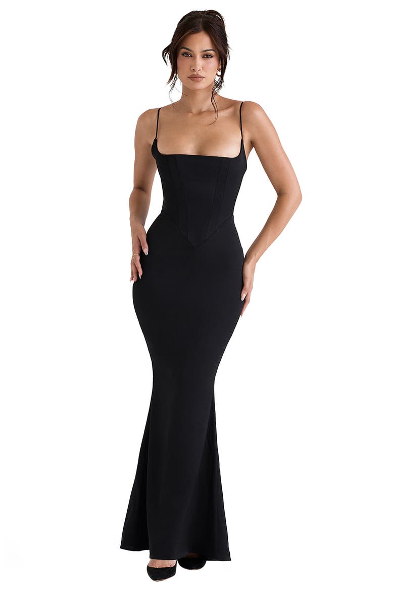 Olivette Corset Maxi Dress, Alternate, color, BLACK