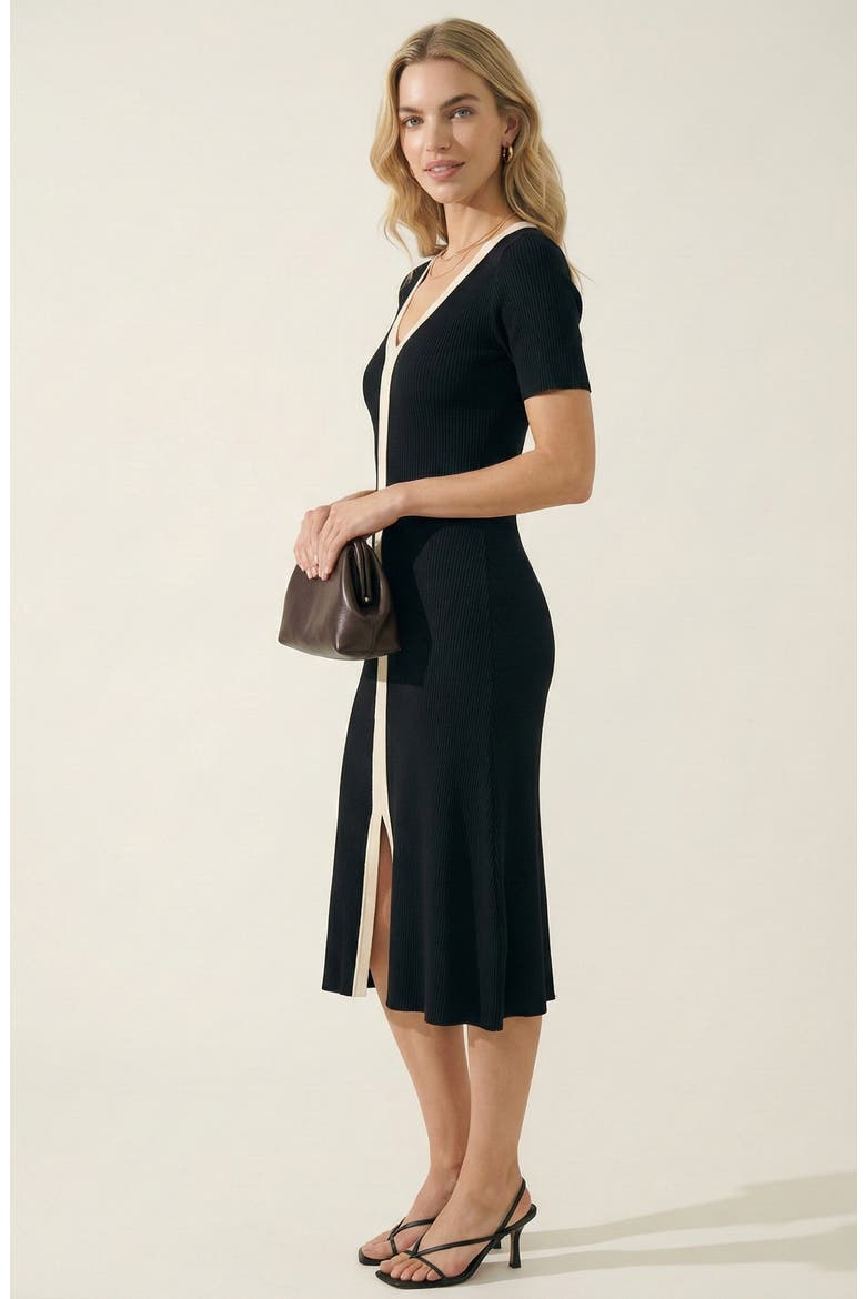 Ribbed Knit Contrast Placket Midi Dress, Alternate, color, Black