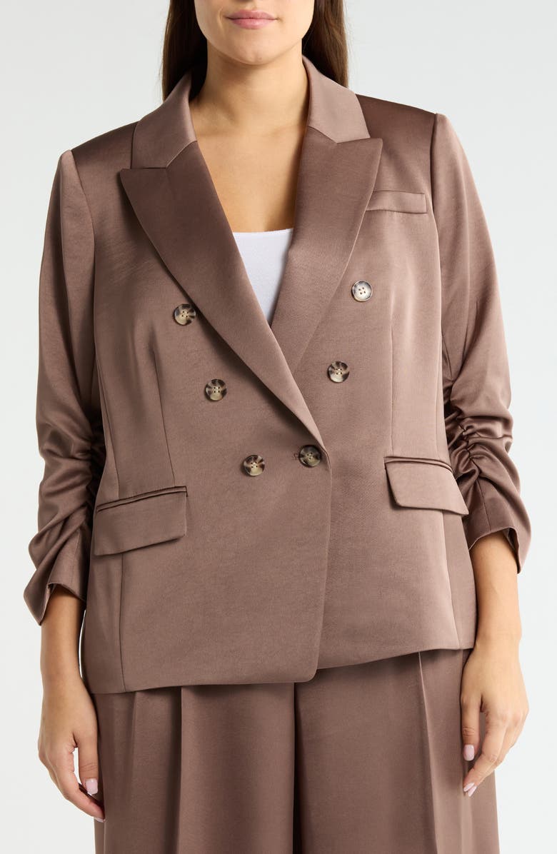 Tahari ASL Double Breasted Satin Blazer, Alternate, color, Mocha