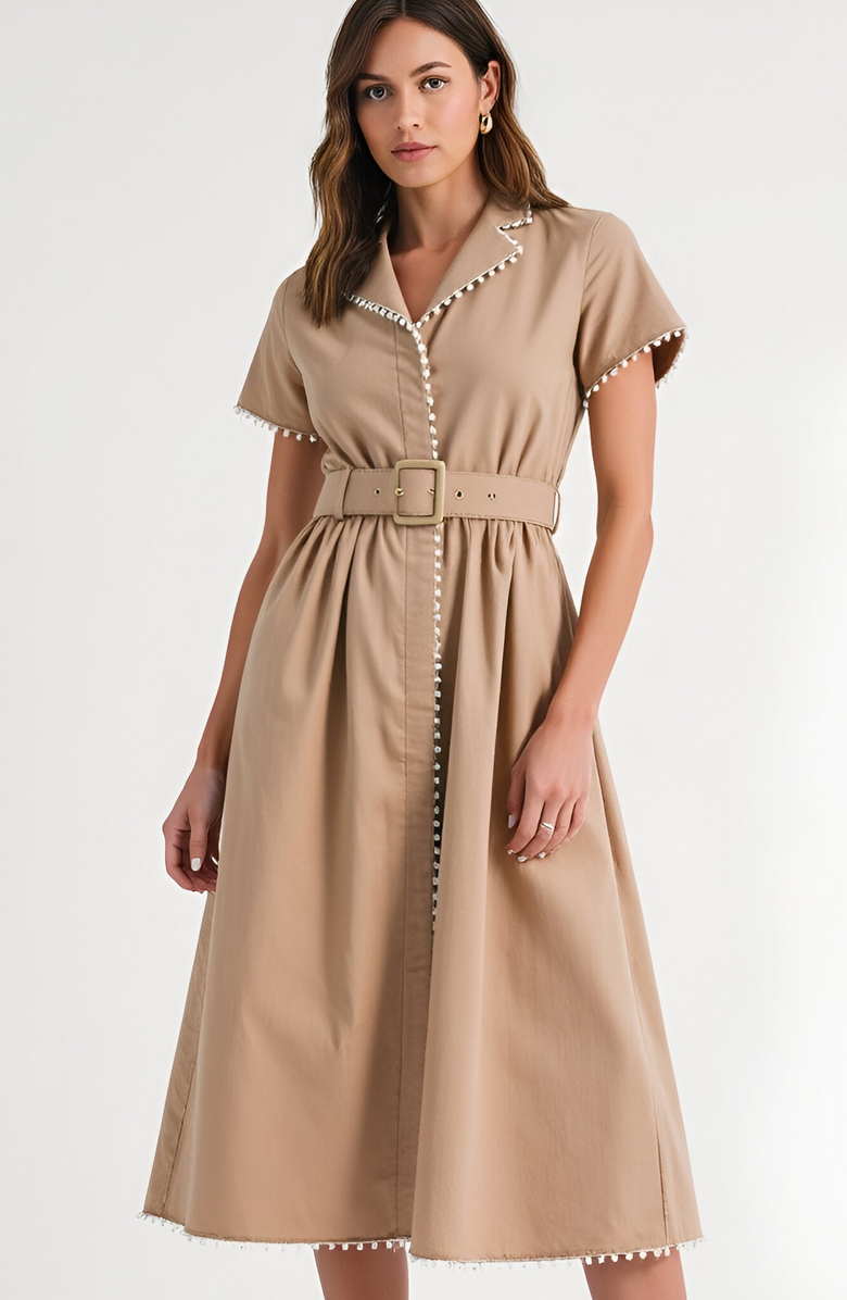 Modenaire Short Sleeve Collared Midi Dress with Pearl Details and Statement Belt, Alternate, color, Beige