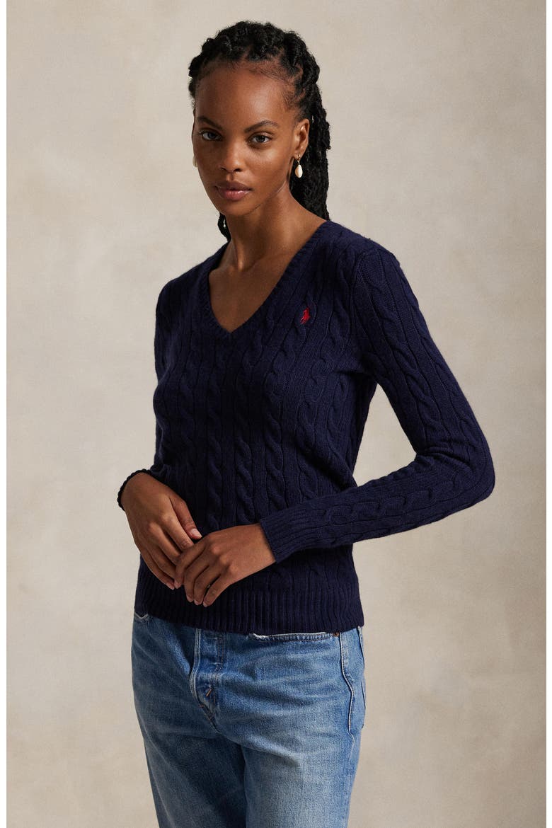 Kimberly Cable Wool & Cashmere V-Neck Sweater, Alternate, color, HUNTER NAVY