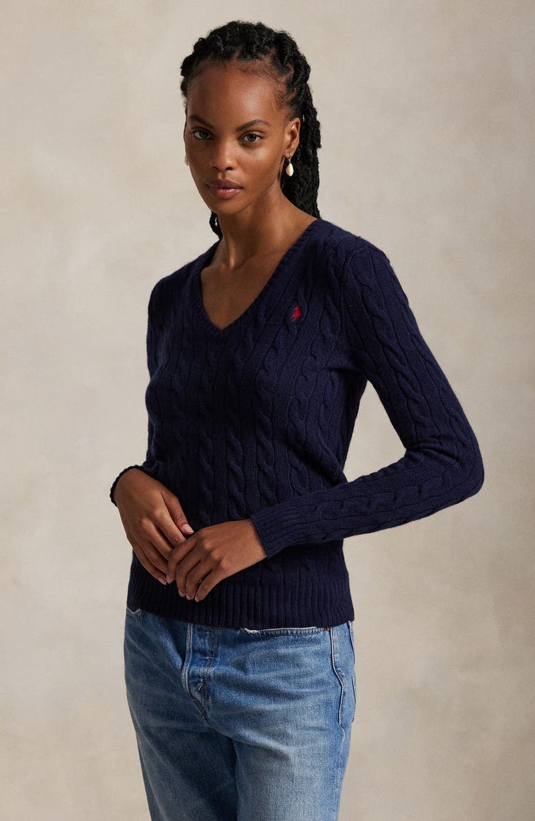 Polo Ralph Lauren Kimberly Cable Wool & Cashmere V-Neck Sweater, Alternate, color, Hunter Navy