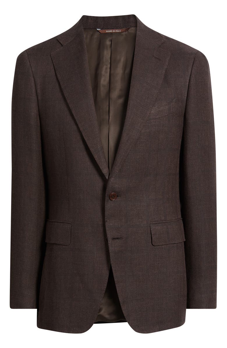 Canali Capri Trim Fit Brown Check Jacquard Linen & Wool Sport Coat, Alternate, color, Dark Brown