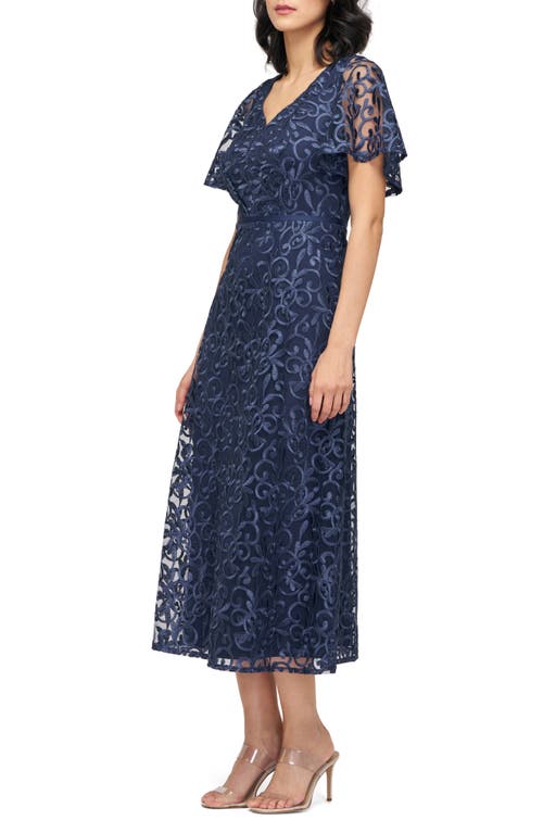 Js Collections Jess Embroidered Flutter Sleeve Cocktail Dress In Blue