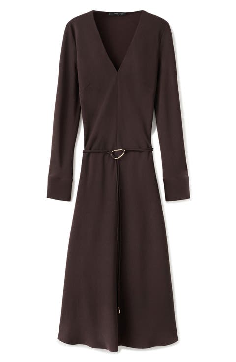 Belted Long Sleeve Midi Dress