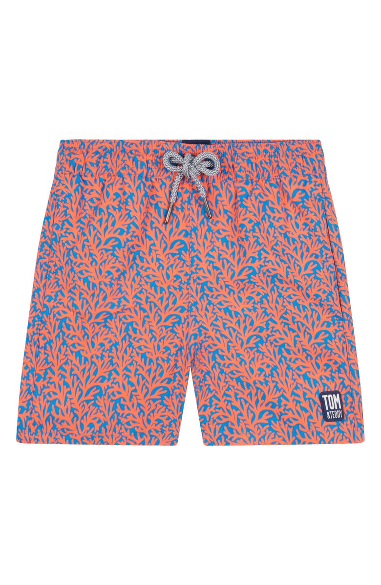 Tom & Teddy Kids' Citrus Swim Trunks, Main, color, Mid Blue & Orange