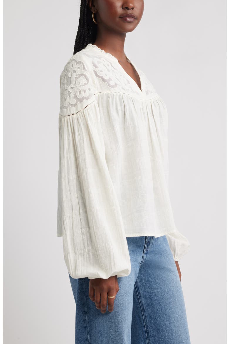 Appliqué Yoke Balloon Sleeve Cotton Top, Alternate, color, IVORY EGRET