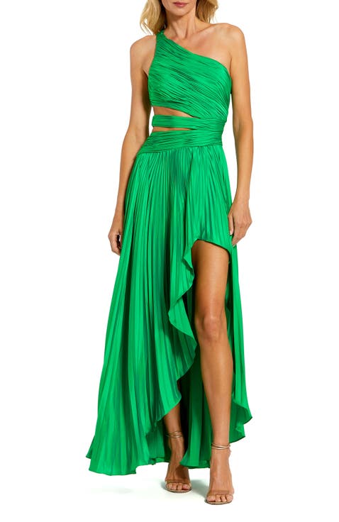 One Shoulder Pleated Charmeuse Gown with Slit
