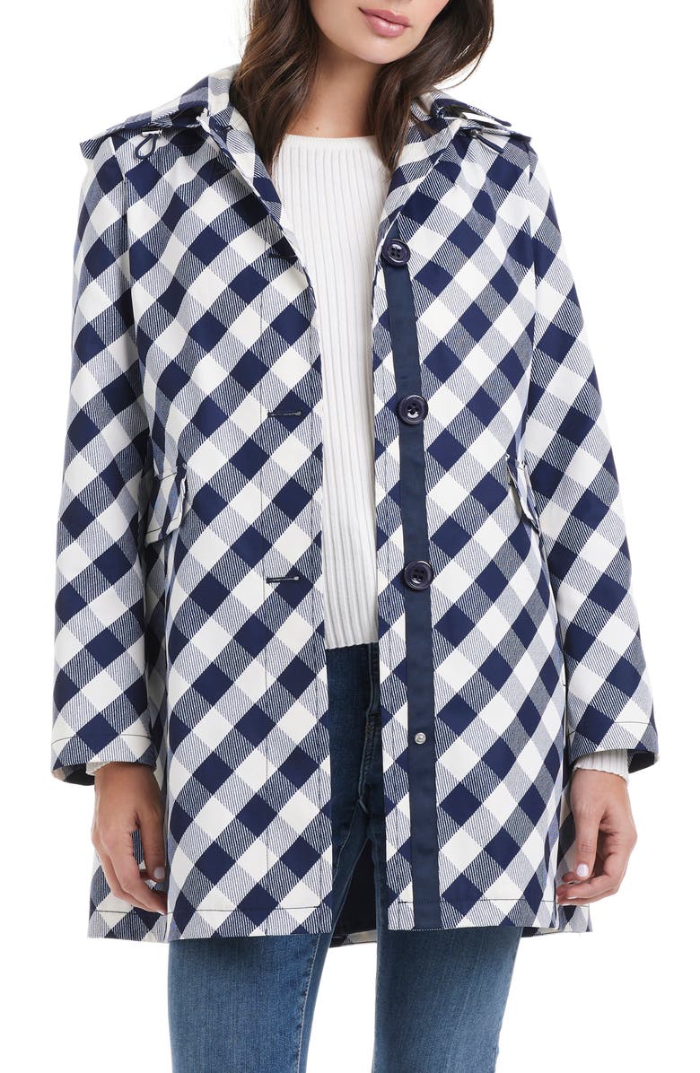 Kate Spade New York water resistant gingham print hooded rain coat, Alternate, color,
