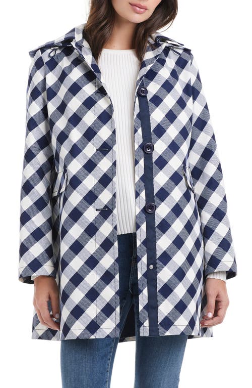 Kate Spade New York Water Resistant Gingham Print Hooded Rain Coat In Navy/white Gingham