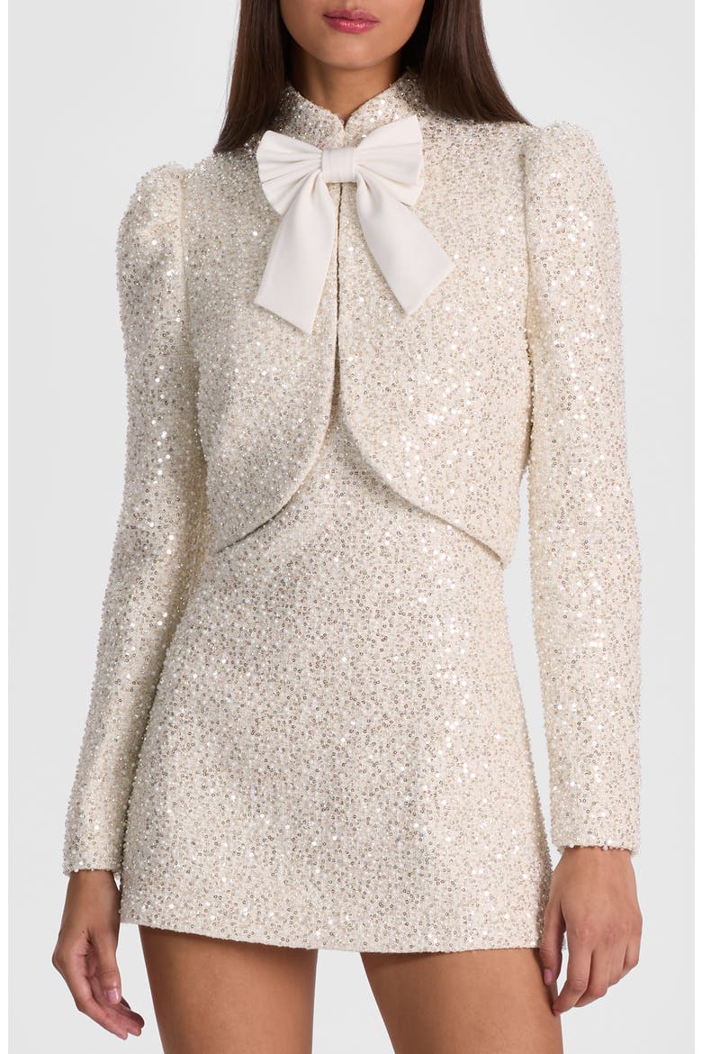 Ilaria Sequin & Bead Embellished Crop Jacket with Bow, Main, color, OFF WHITE