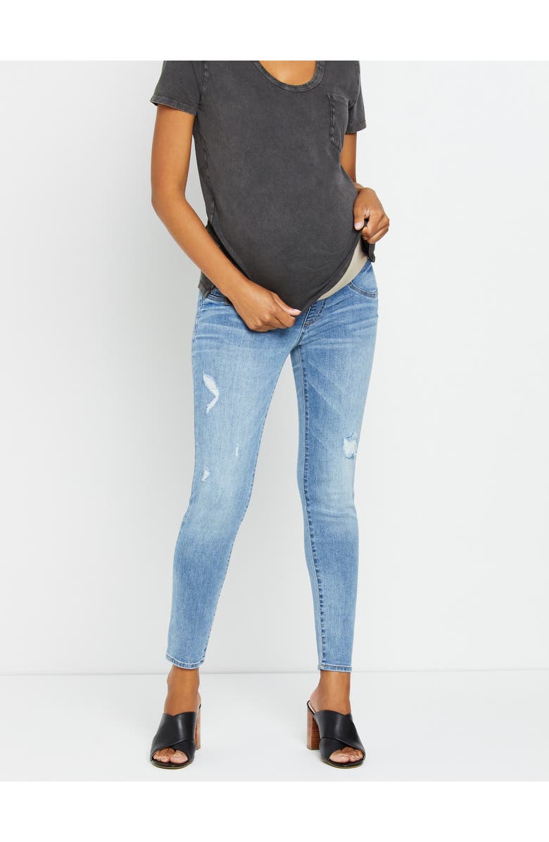 MOTHERHOOD MATERNITY Indigo Blue Sustainable Secret Fit Over the Belly Skinny Leg Maternity Jeans, Main, color, 
