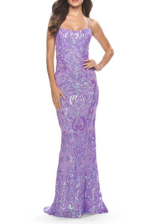 La Femme Print Sequin Gown With Square Neckline In Lavender