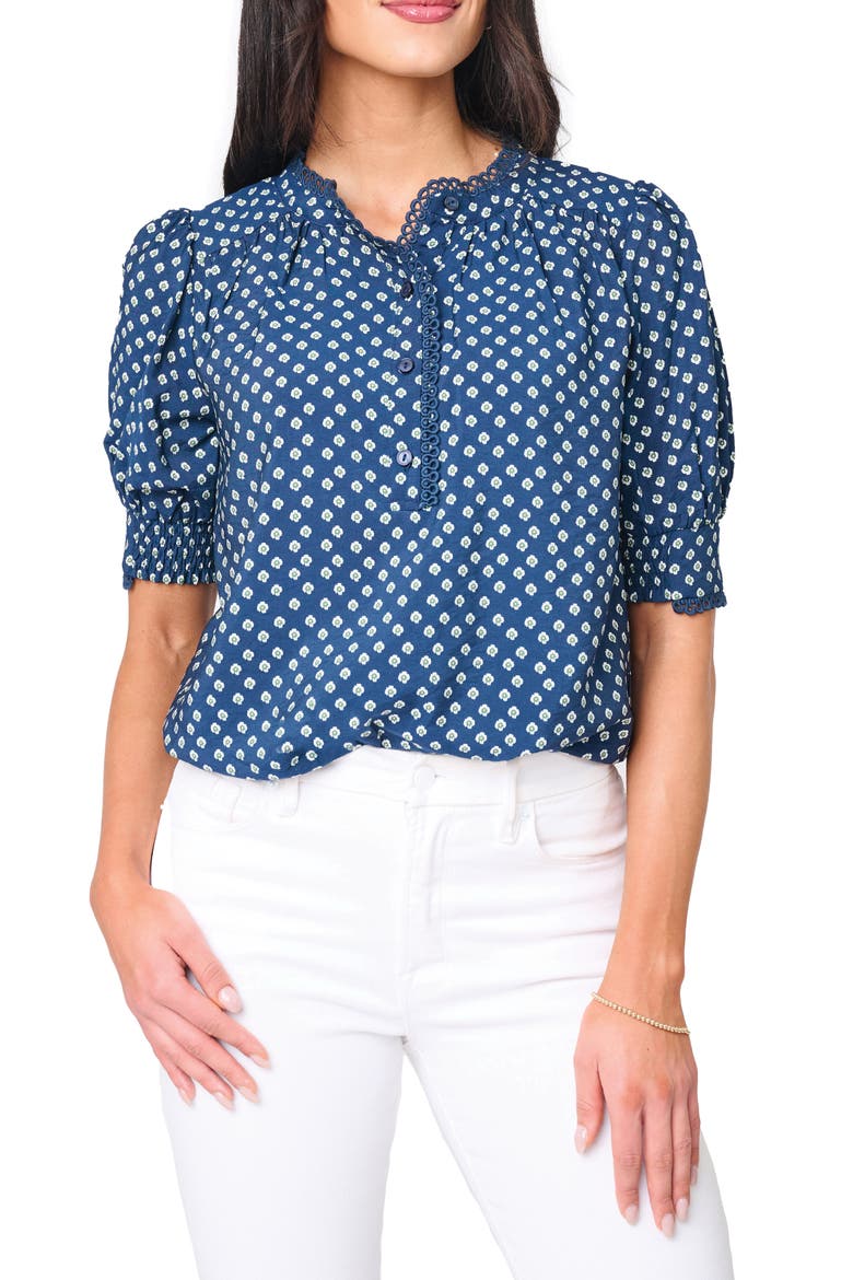 Lace Trim Puff Sleeve Top, Main, color, NAVY DAISY