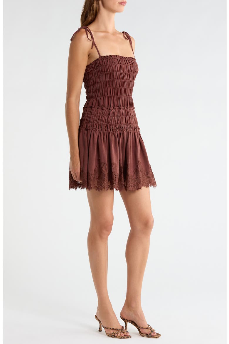 Shirred Tie Shoulder Lace Trim Minidress, Alternate, color, BROWN