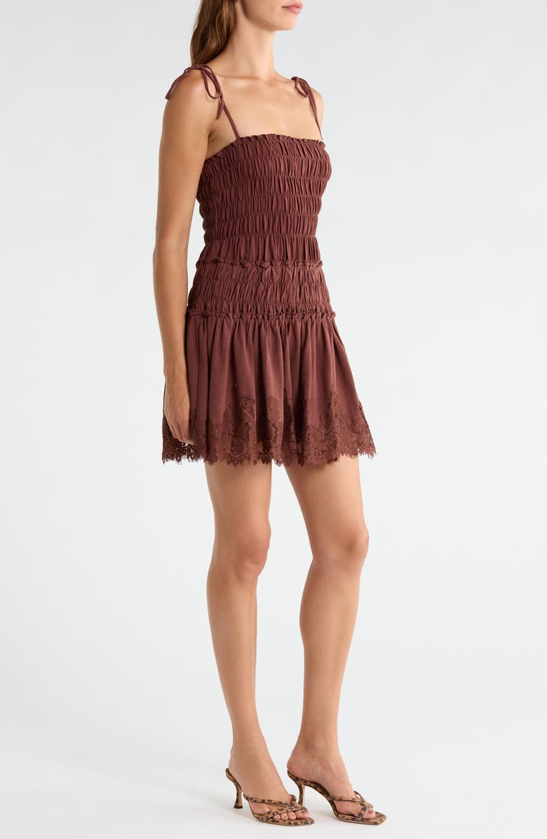 All in Favor Shirred Tie Shoulder Lace Trim Minidress, Alternate, color, Brown
