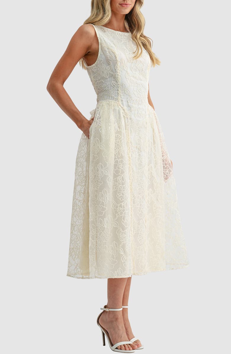 Mila Mae Floral Embroidered Fit & Flare Midi Dress, Alternate, color, Beige