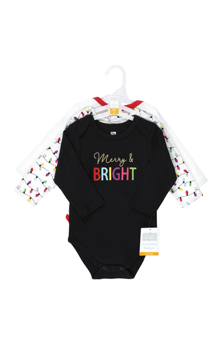 Hudson Baby Infant Breathable Cotton Long-Sleeve Bodysuit Bundle 3 Count, Alternate, color, Merry And Bright