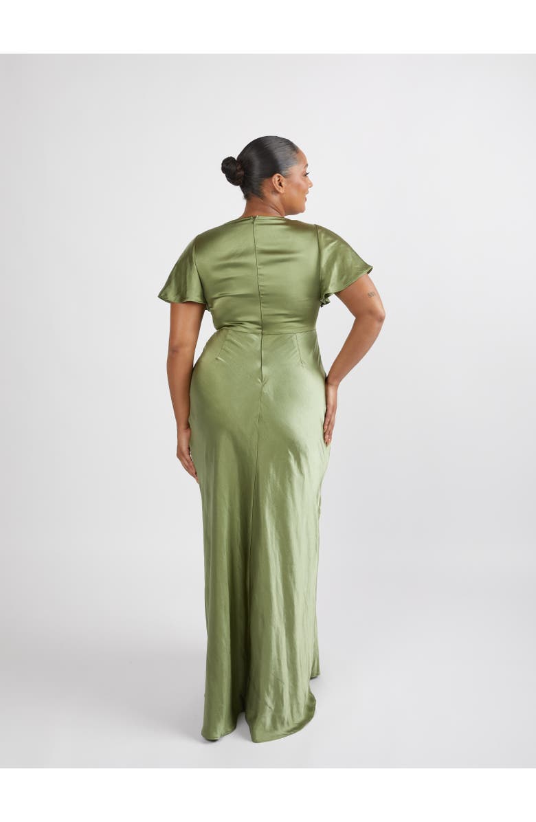 Six Stories Flutter Sleeve Satin Bridesmaid Dress, Alternate, color, Moss Green