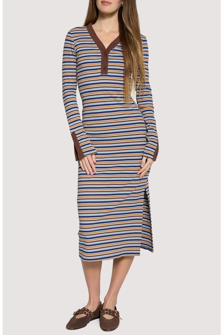 Dreamy Edit Stripe Long Sleeve Cotton Blend Midi Dress, Main, color, BLUE-BROWN-MULTI
