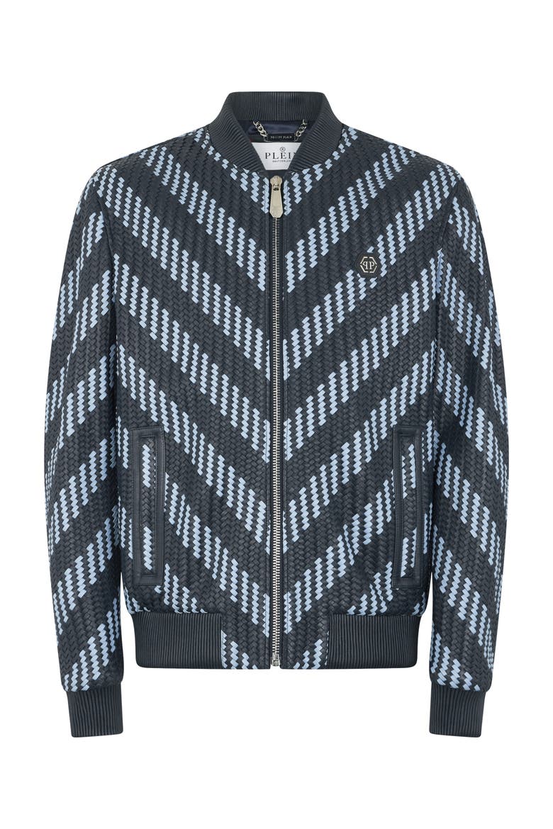 Weaved Leather Bomber Stripes Men, Main, color, navy
