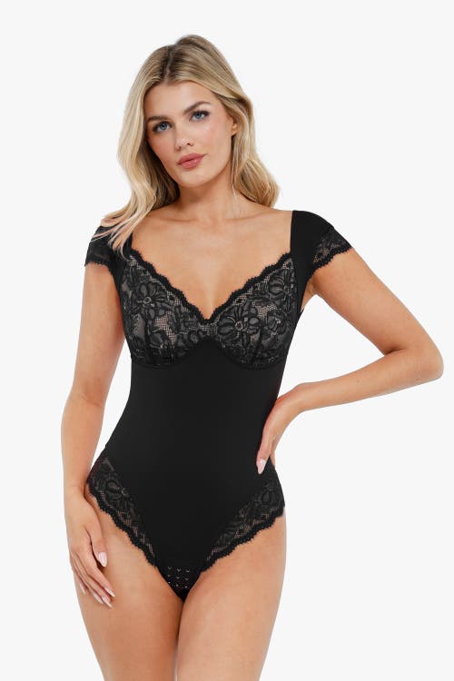 Popilush Shapewear Cap Sleeve Slimming Lace Cup Bodysuit In Midnight Black