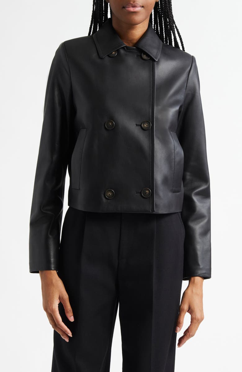 Vince Shrunken Double Breasted Leather Peacoat, Main, color, Black