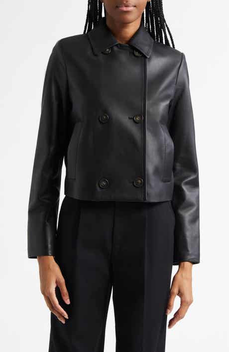 Vince Shrunken Double Breasted Leather Peacoat