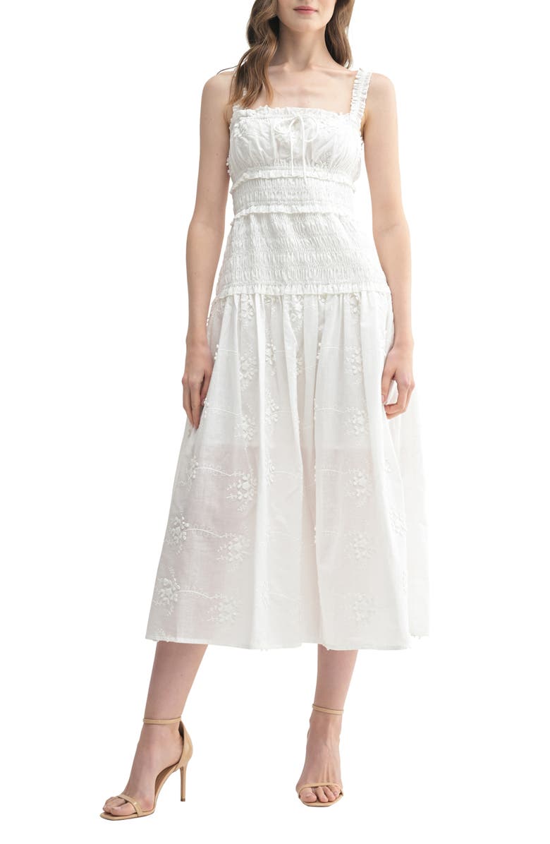 All in Favor Embroidered Floral Cotton Midi Dress, Main, color, White