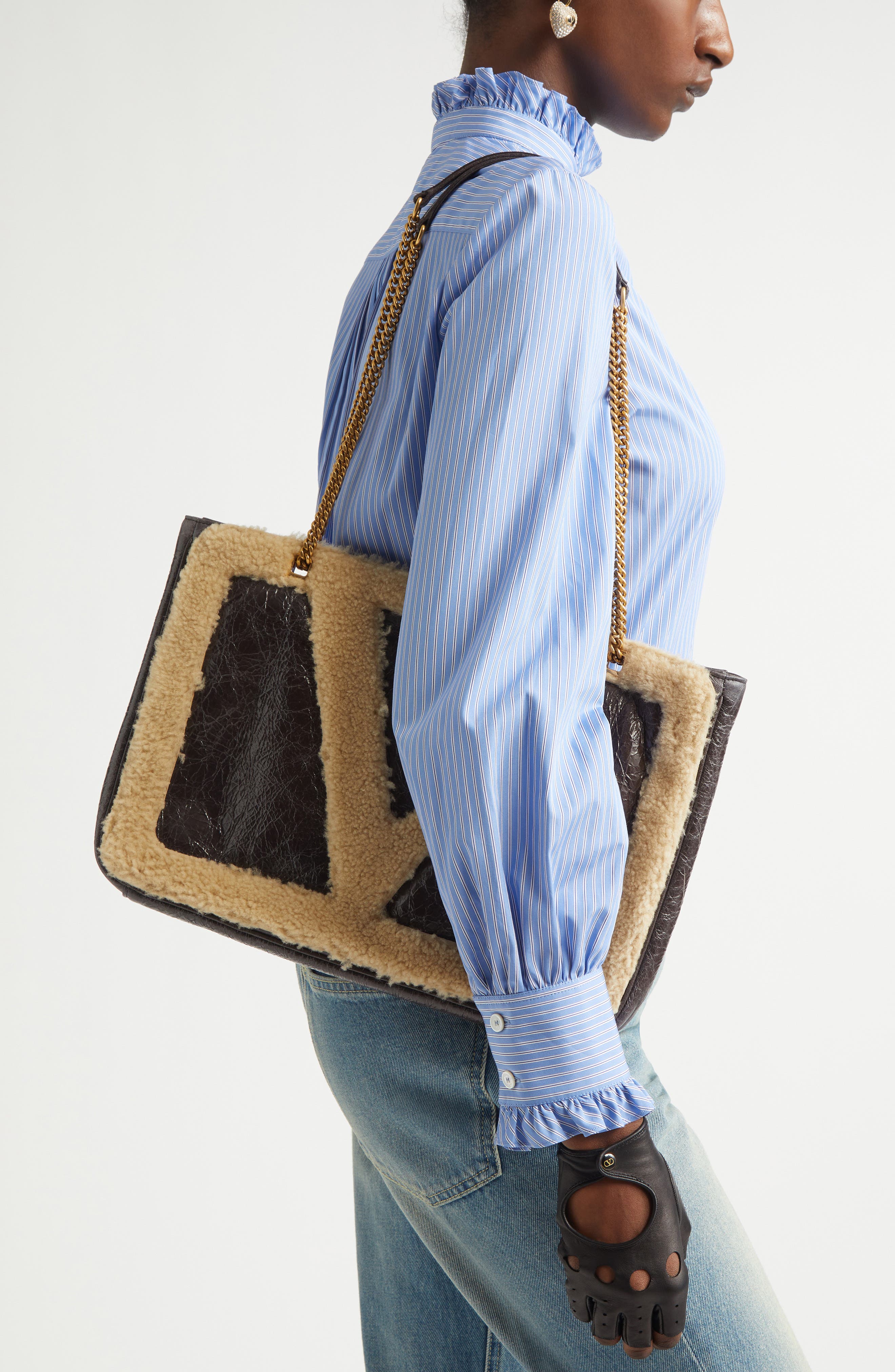 Valentino Garavani Medium Viva Superstar Crinkled Leather & Genuine Shearling Tote, Alternate, color, Cafe Fango/ Dark Beige