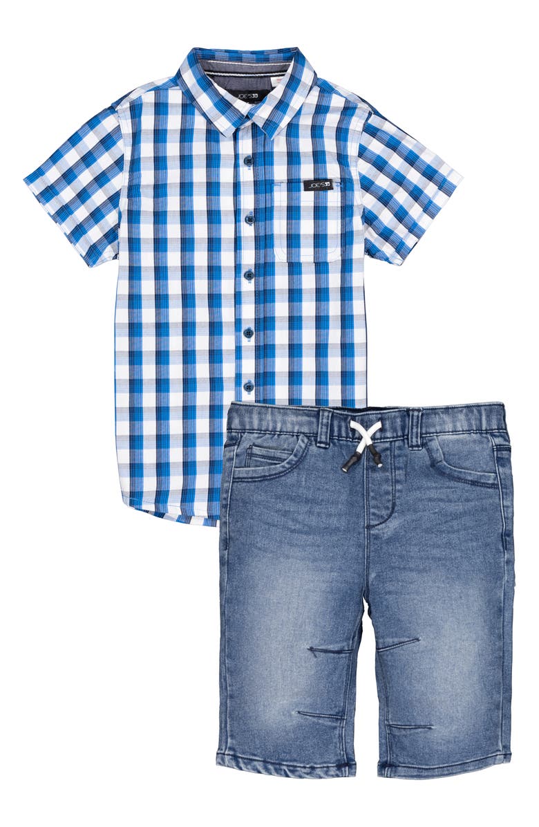 Joe's Jeans Plaid Short Sleeve Button-Up Shirt & Denim Shorts Set, Main, color, Blue