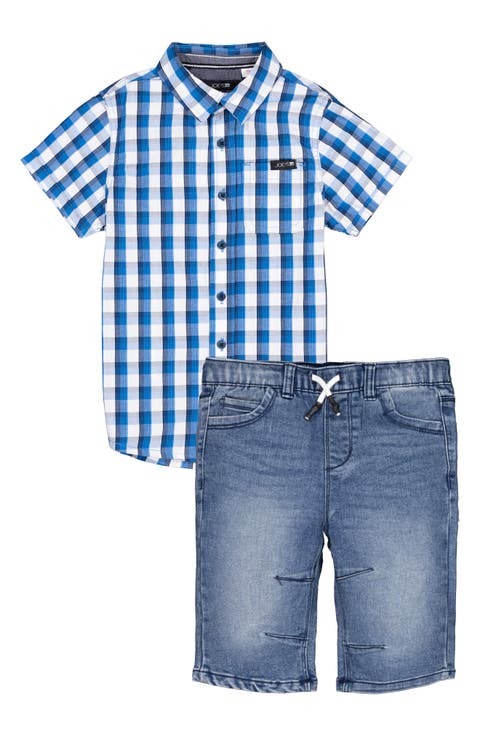 Plaid Short Sleeve Button-Up Shirt & Denim Shorts Set (Baby)
