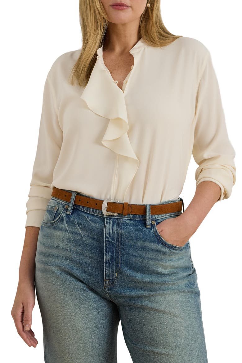 Ruffle Trim Georgette Tunic, Main, color, MASCARPONE CREAM
