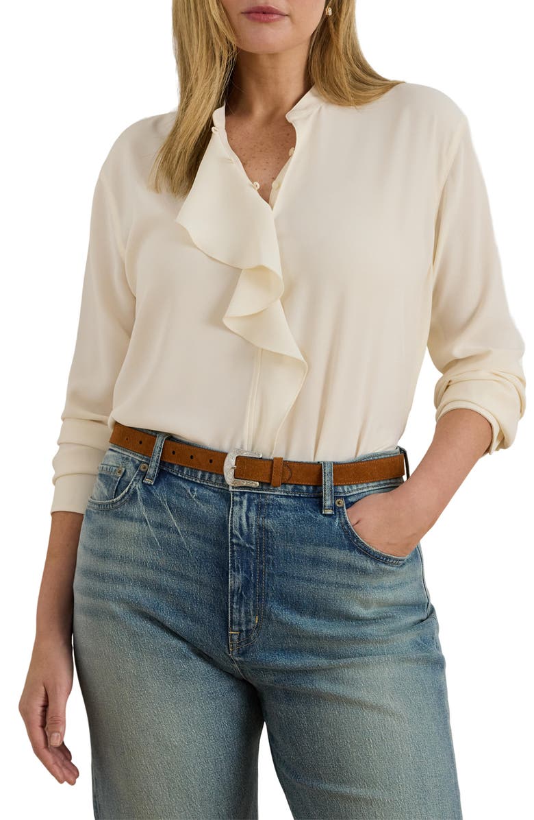 Lauren Ralph Lauren Ruffle Trim Georgette Tunic, Main, color, Mascarpone Cream