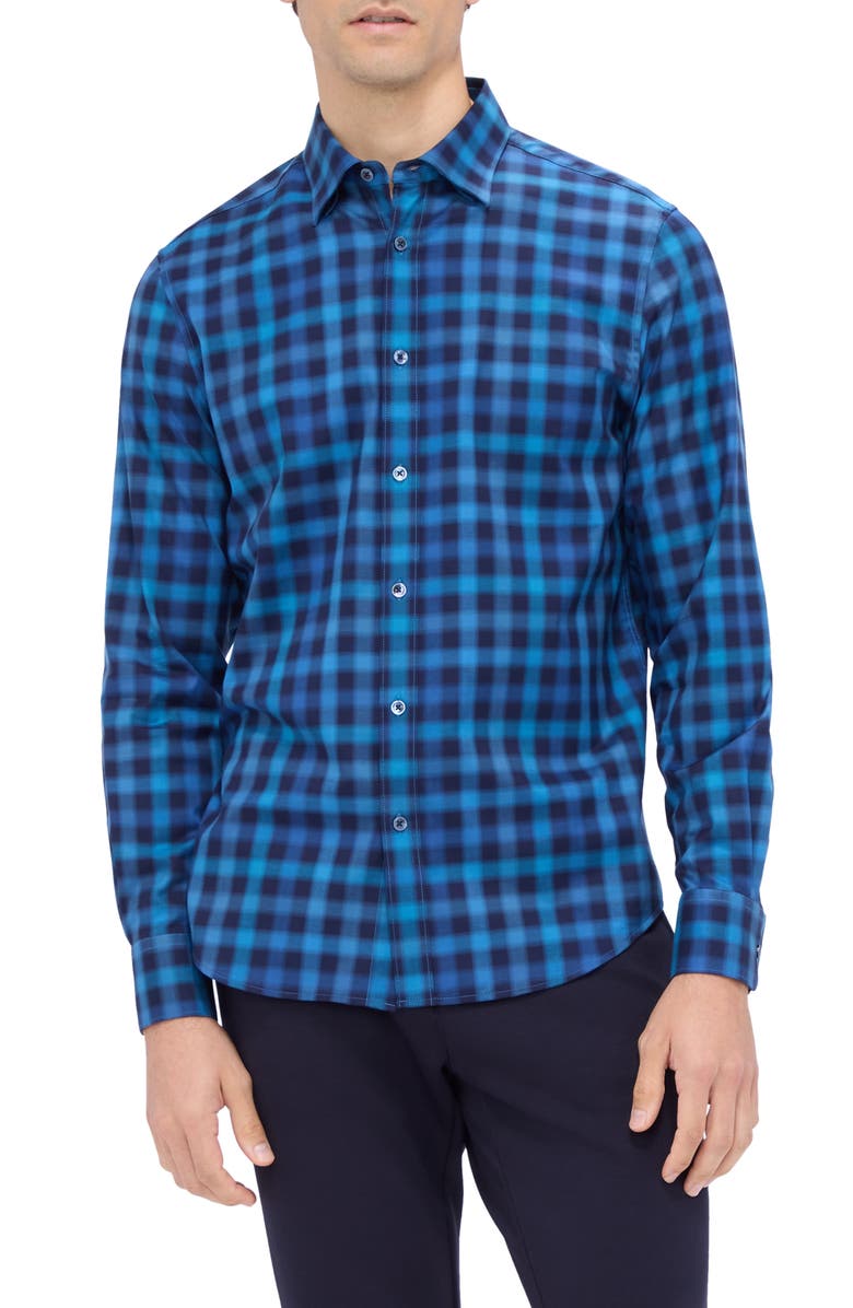 Bugatchi Karl Shaped Fit Buffalo Plaid Stretch Cotton Button-Up Shirt, Main, color, Navy