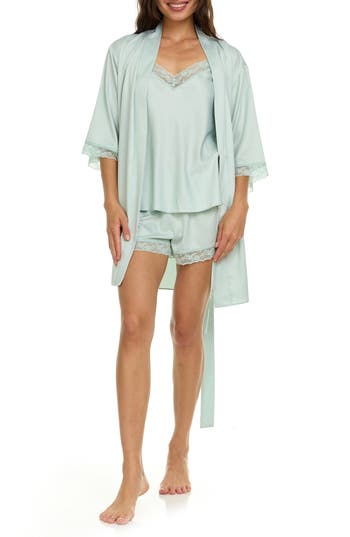 Flora Nikrooz Sonia Satin Charmeuse 3-piece Pajama Set In Celedon