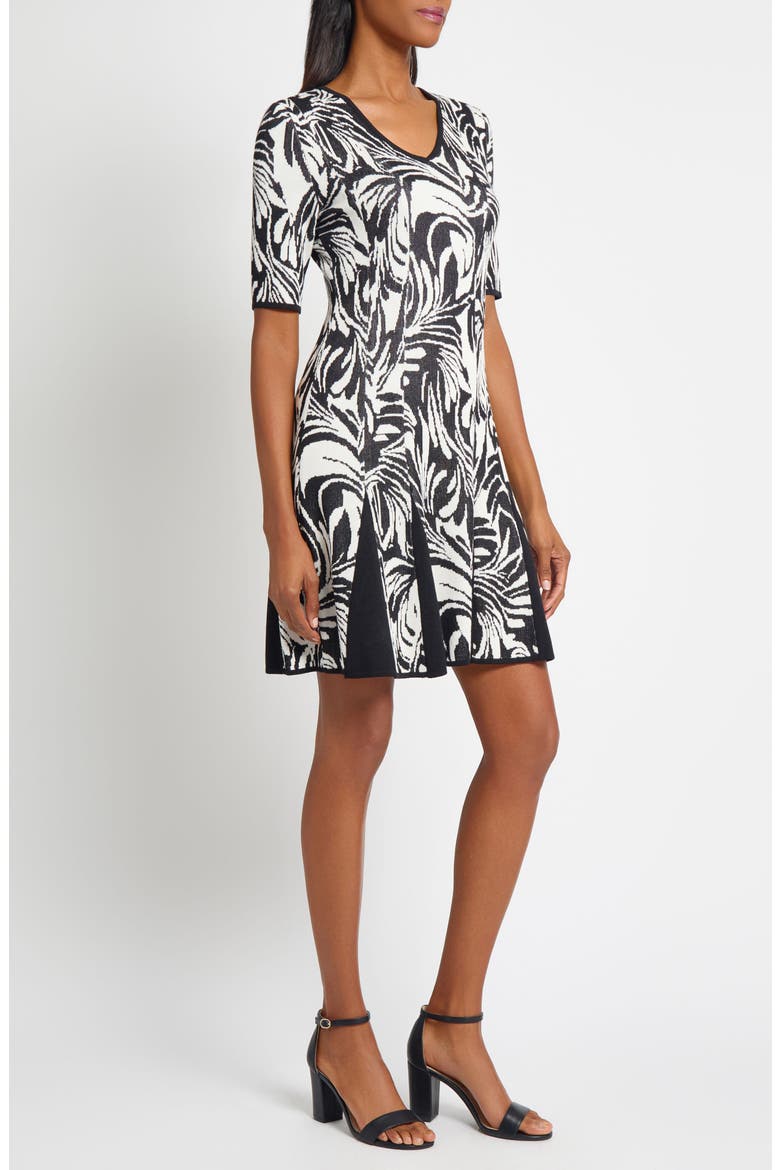 Short Sleeve Jacquard Fit & Flare Sweater Dress, Alternate, color, BLACK/ IVORY
