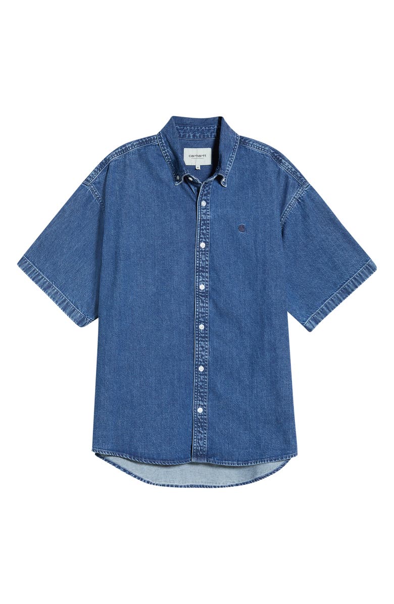 Carhartt Work In Progress Lucas Short Sleeve Cotton Denim Button-Down Shirt, Main, color, Stone