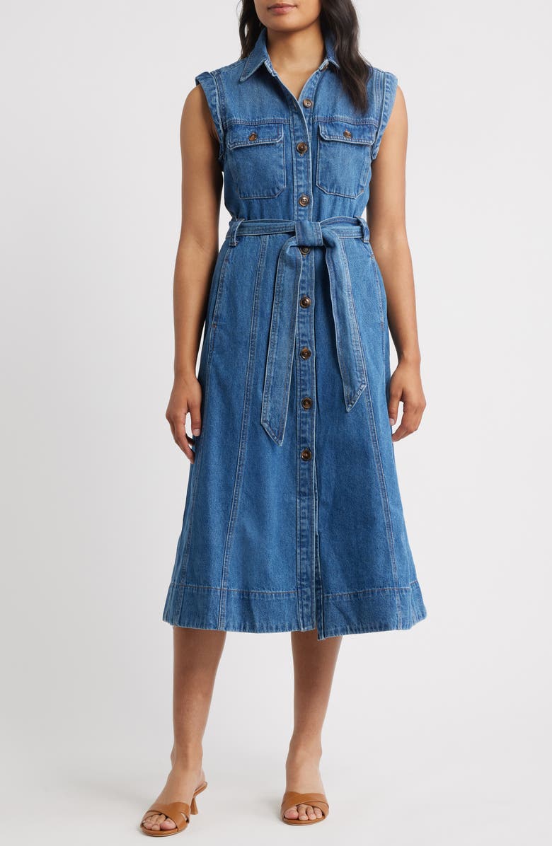 Wit & Wisdom Sleeveless Tie Belt Denim Shirtdress, Main, color, Mid Blue