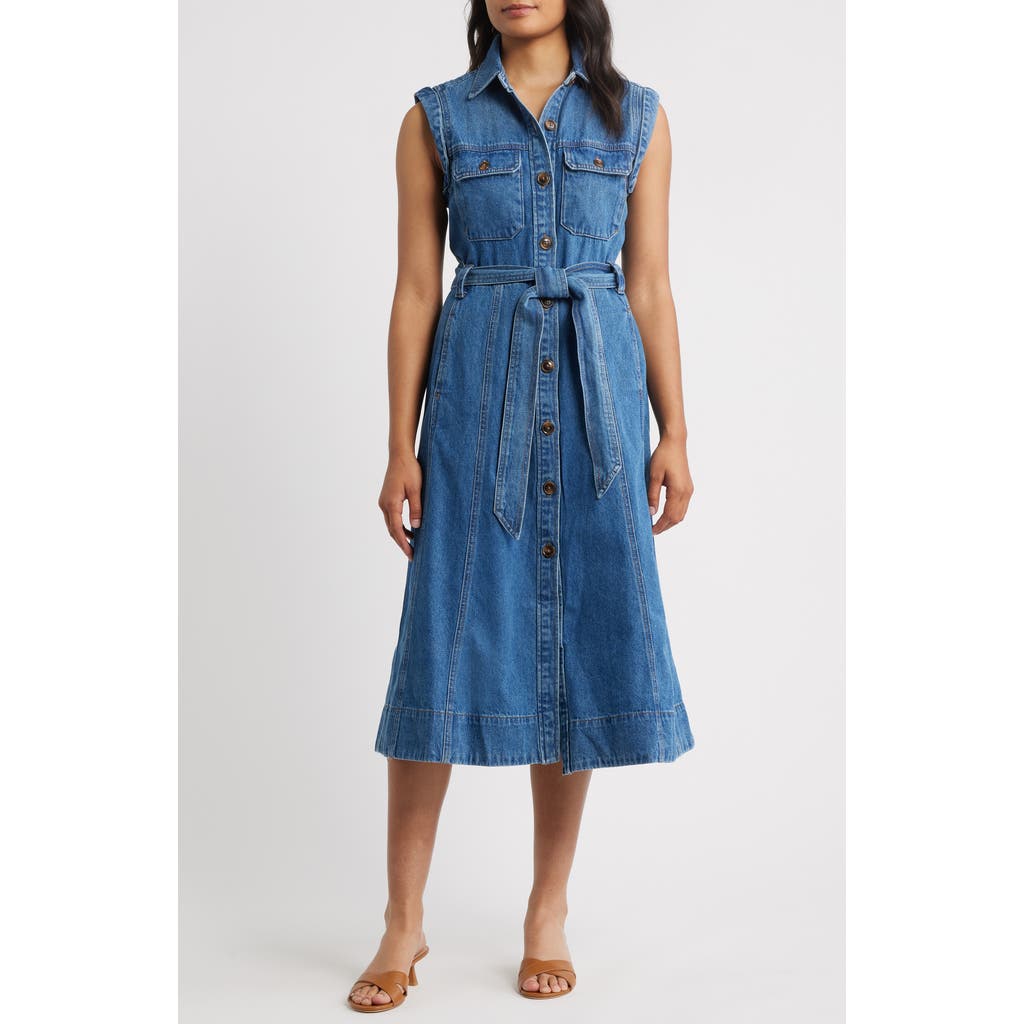 Wit & Wisdom Sleeveless Tie Belt Denim Shirtdress In Blue